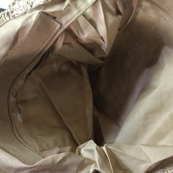 SALE Circle Handmade Crochet Shoulder Tote Bag Lined Zipper Light Brown Boho - Picture 9 of 13